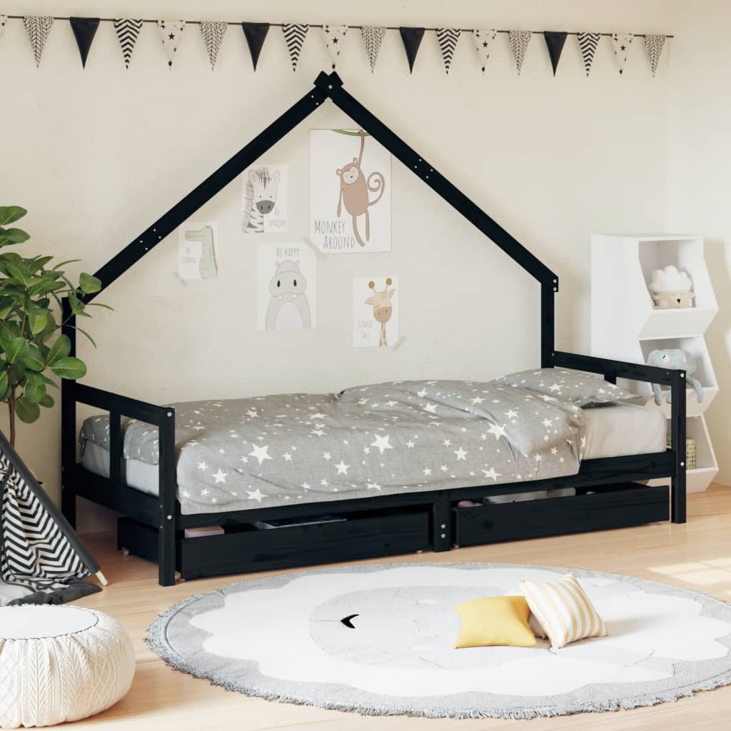 Kids Solid Wood Pine Bed Frame with Drawers