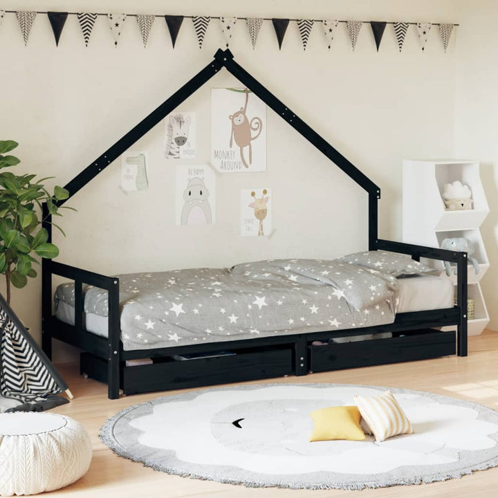 Kids Solid Wood Pine Bed Frame with Drawers