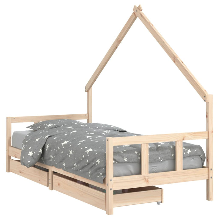 Kids Solid Wood Pine Bed Frame with Drawers