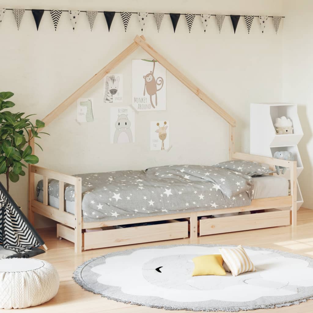 Kids Solid Wood Pine Bed Frame with Drawers