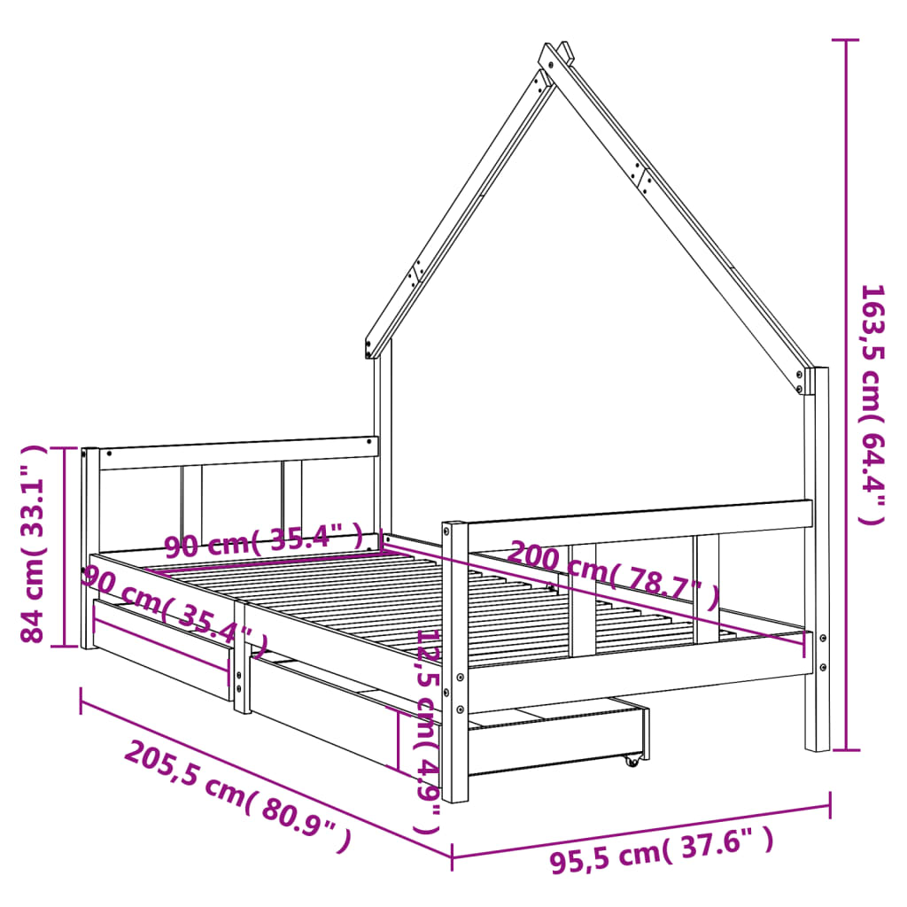 Kids Solid Wood Pine Bed Frame with Drawers