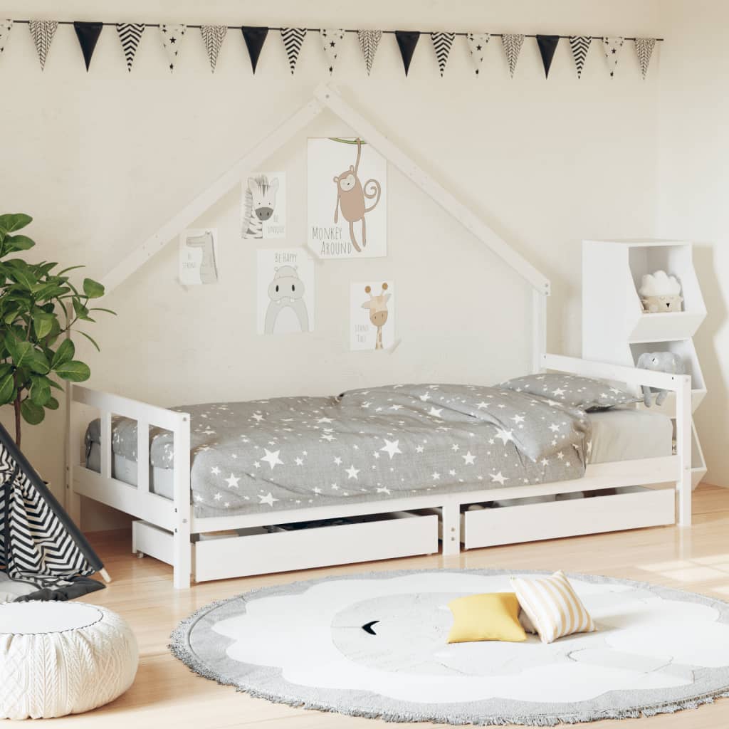 Kids Solid Wood Pine Bed Frame with Drawers
