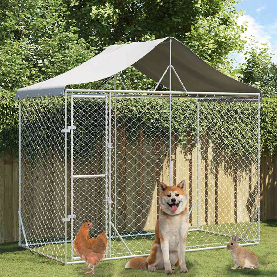 Outdoor Dog Kennel With Roof Silver Galvanised Steel