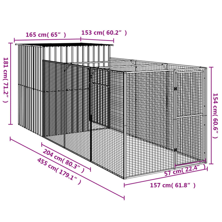 Dog House With Run Galvanised Steel