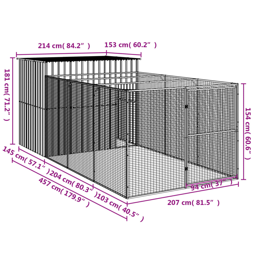 Dog House With Run Galvanised Steel