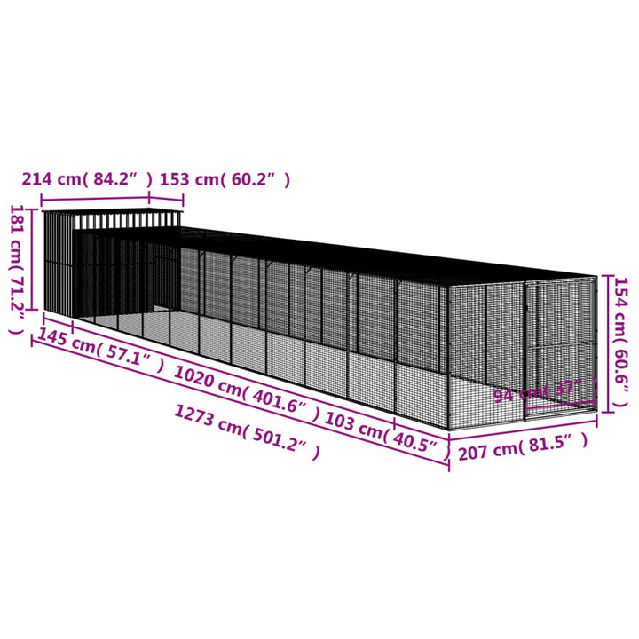 Dog House With Run Galvanised Steel