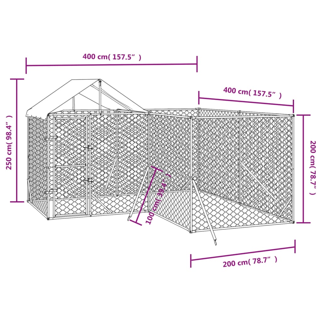 Outdoor Dog Kennel With Roof Silver Galvanised Steel