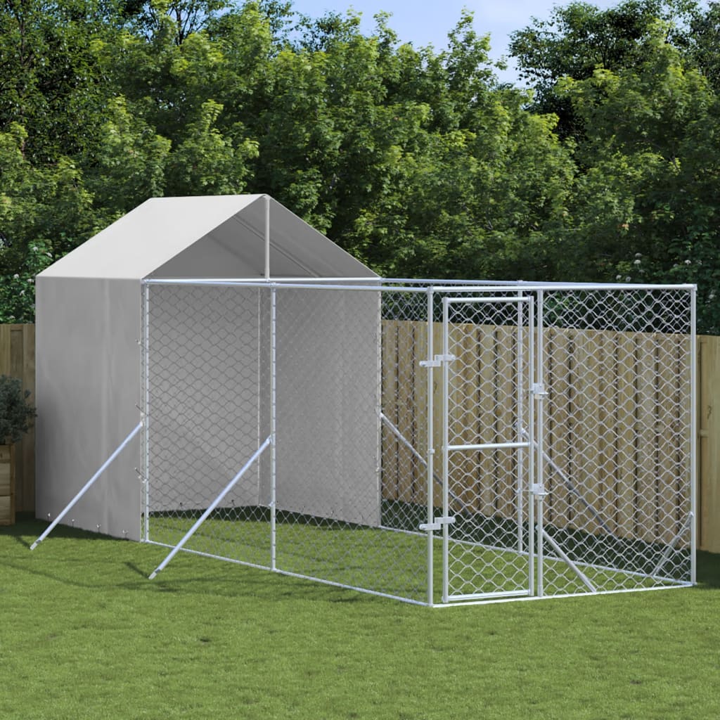 Outdoor Dog Kennel With Roof Silver Galvanised Steel