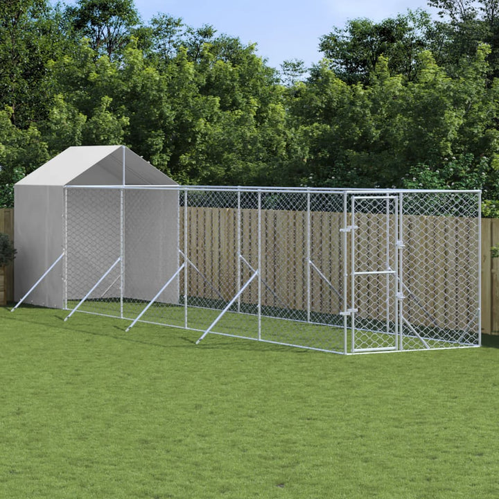 Outdoor Dog Kennel With Roof Silver Galvanised Steel