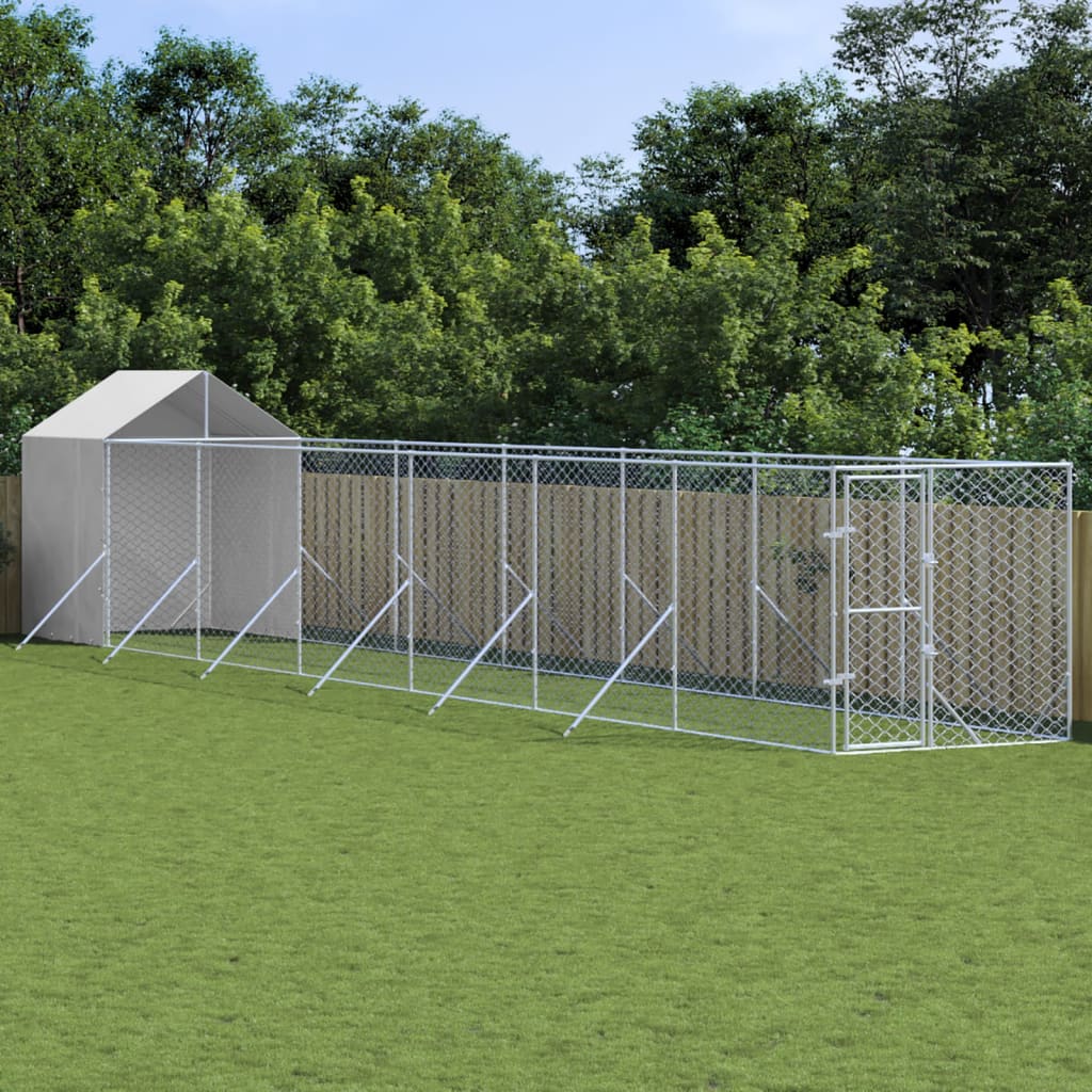 Outdoor Dog Kennel With Roof Silver Galvanised Steel