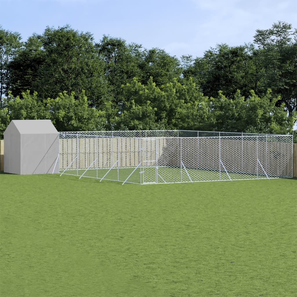 Outdoor Dog Kennel With Roof Silver Galvanised Steel