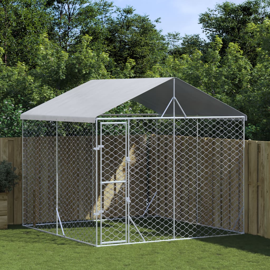 Outdoor Dog Kennel With Roof Silver Galvanised Steel