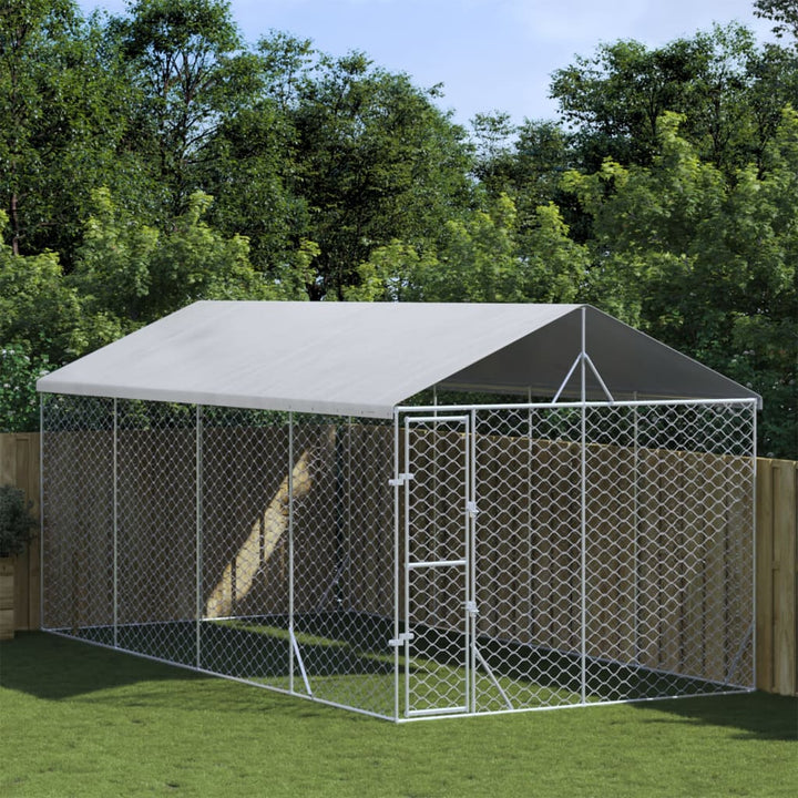 Outdoor Dog Kennel With Roof Silver Galvanised Steel