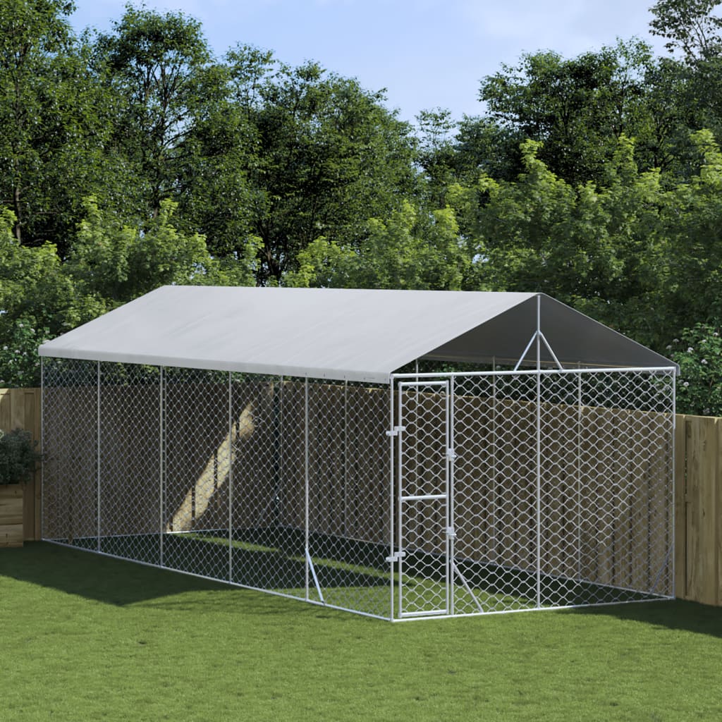 Outdoor Dog Kennel With Roof Silver Galvanised Steel
