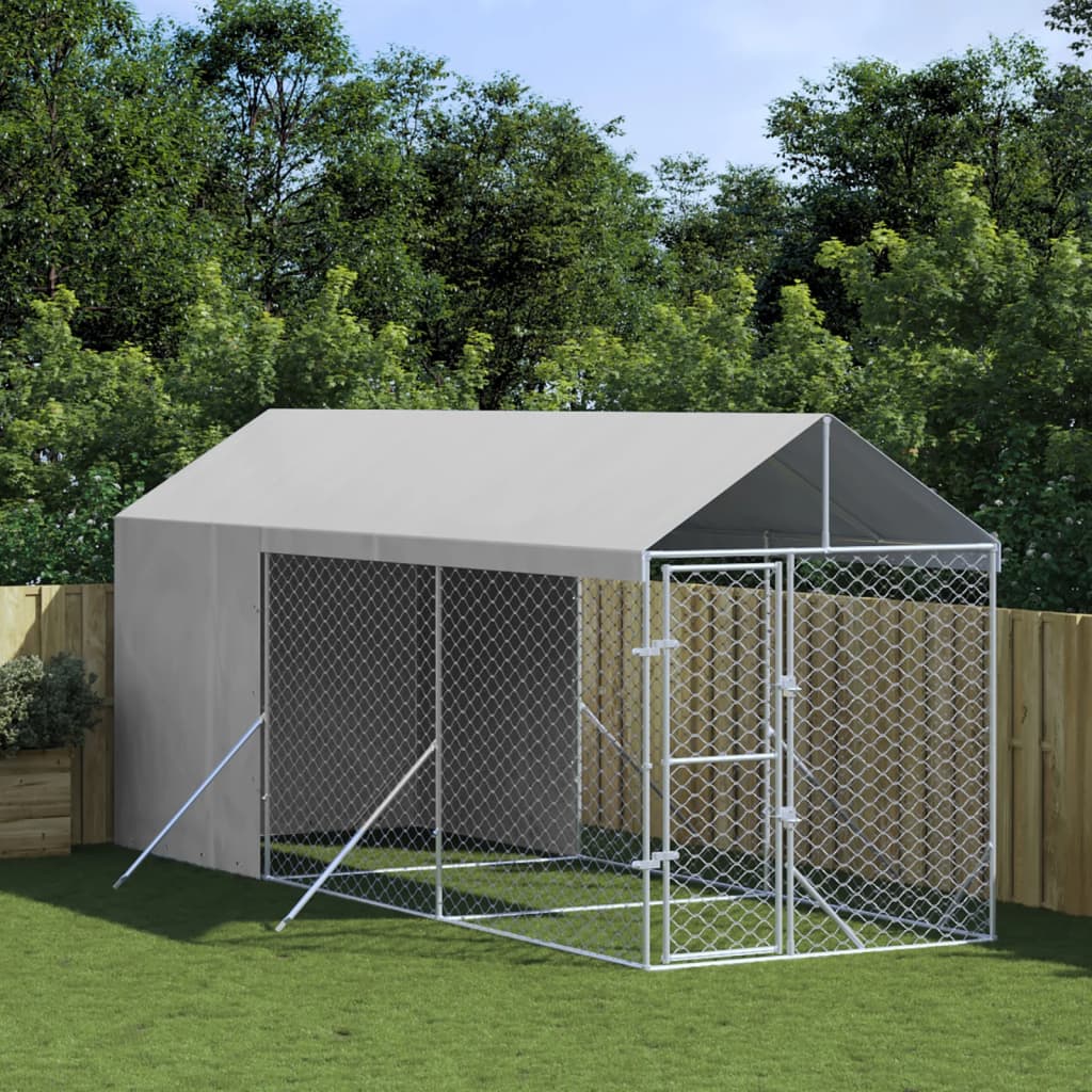 Outdoor Dog Kennel With Roof Silver Galvanised Steel