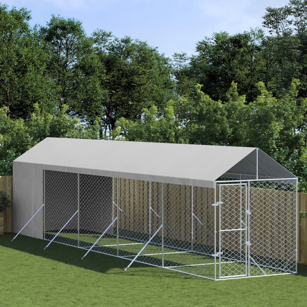 Outdoor Dog Kennel With Roof Silver Galvanised Steel