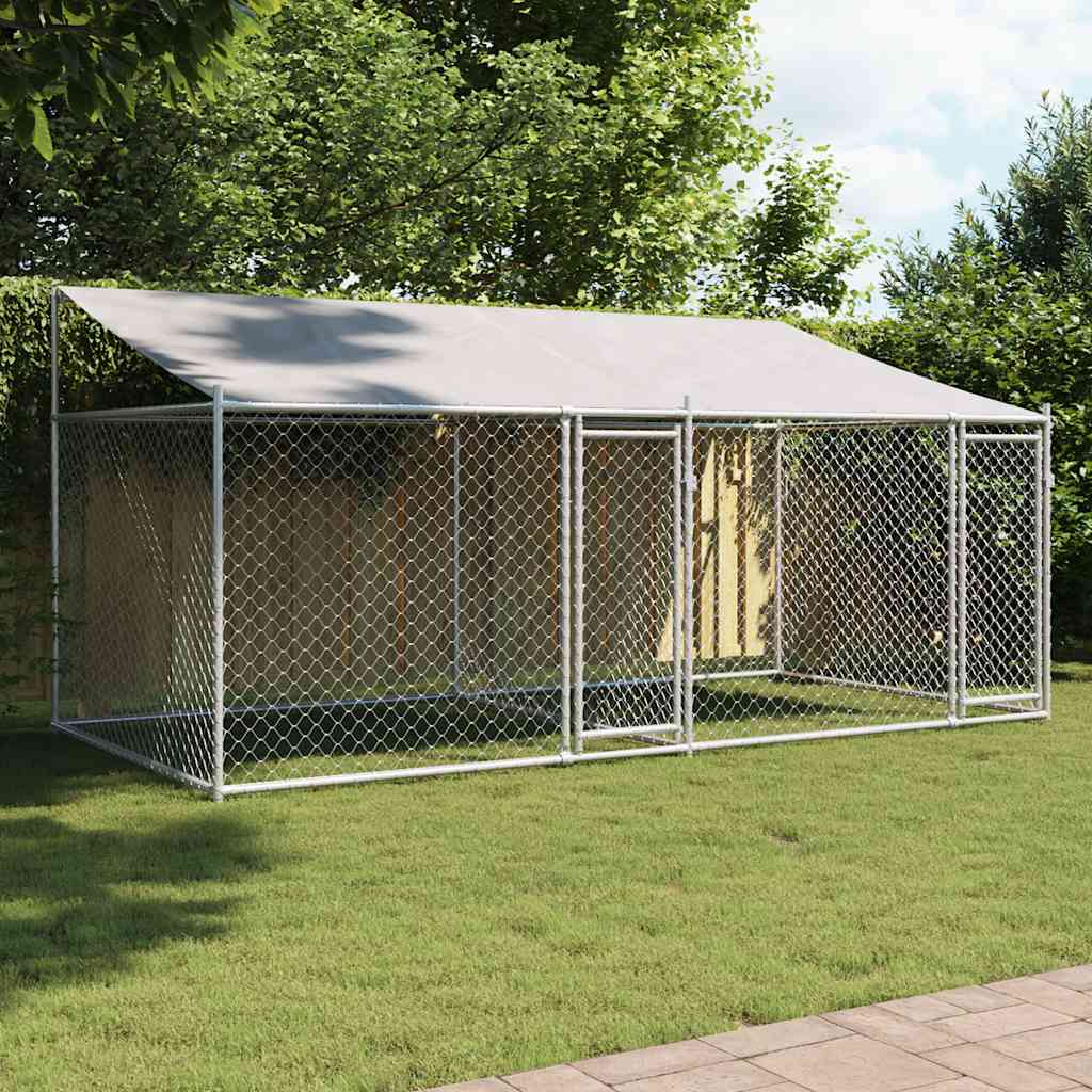 Dog Cage With Roof And Door Grey Galvanised Steel