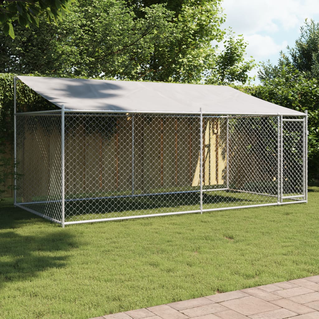 Dog Cage With Roof And Door Grey Galvanised Steel