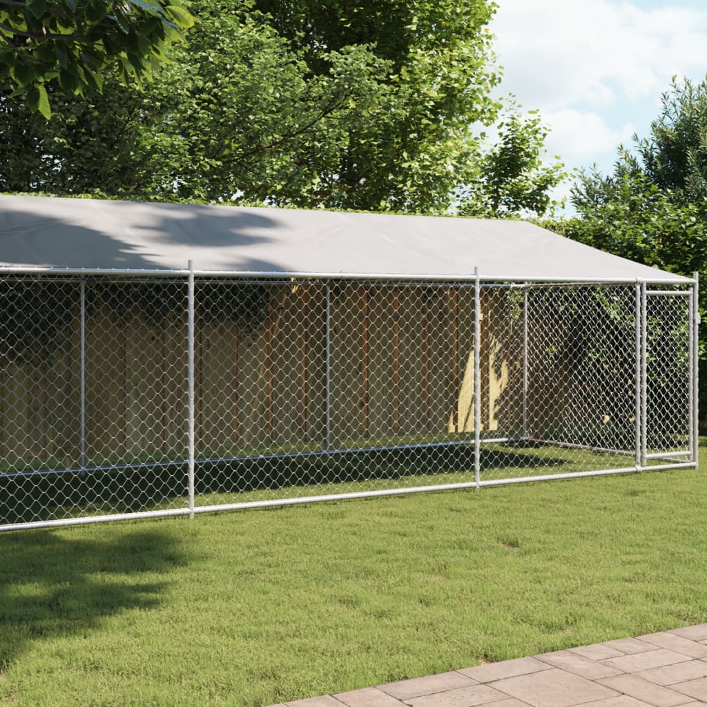 Dog Cage With Roof And Door Grey Galvanised Steel