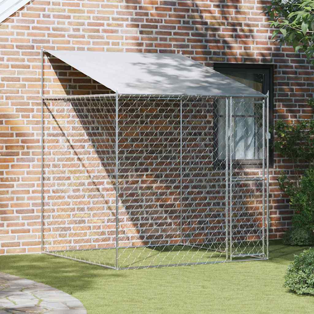 Dog Cage With Roof And Door Grey Galvanised Steel