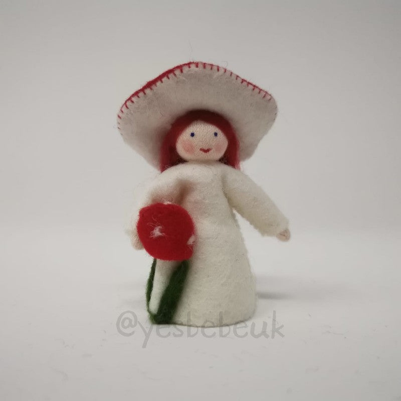 Red Fungus Girl with Flower in Hand