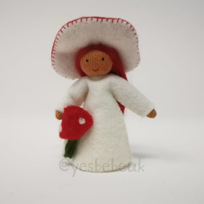 Red Fungus Girl with Flower in Hand