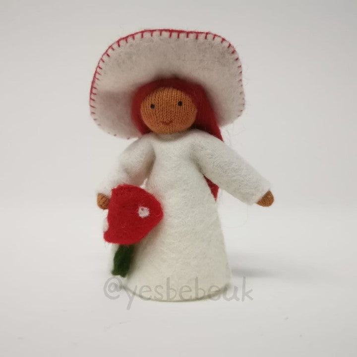 Red Fungus Girl with Flower in Hand