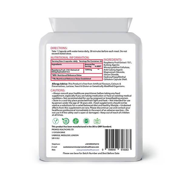 Raspberry Fruit Extract 1200mg - 60 Capsules x 2 Pack - UK Manufactured | GMP Standards by Prowise Healthcare
