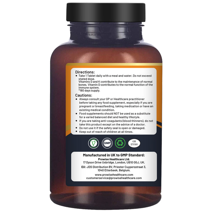 Vitamin D3 4000IU & K2 MK7 100μg Vegetarian 180 Tablets Supplement for Immune Support Calcium Boost, Bone & Muscle by Prowise