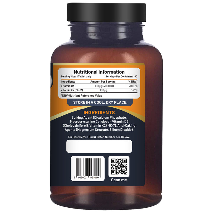Vitamin D3 4000IU & K2 MK7 100μg Vegetarian 180 Tablets Supplement for Immune Support Calcium Boost, Bone & Muscle by Prowise