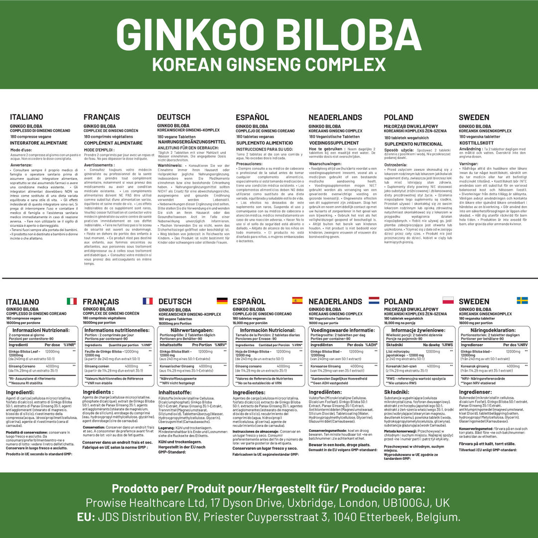 Ginkgo Biloba and Korean Ginseng Tablets 16000mg 180 Vegan Tablets by Prowise