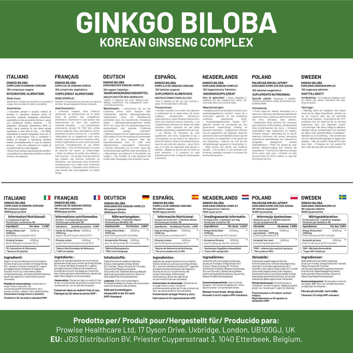 Ginkgo Biloba and Korean Ginseng Tablets 16000mg 180 Vegan Tablets by Prowise