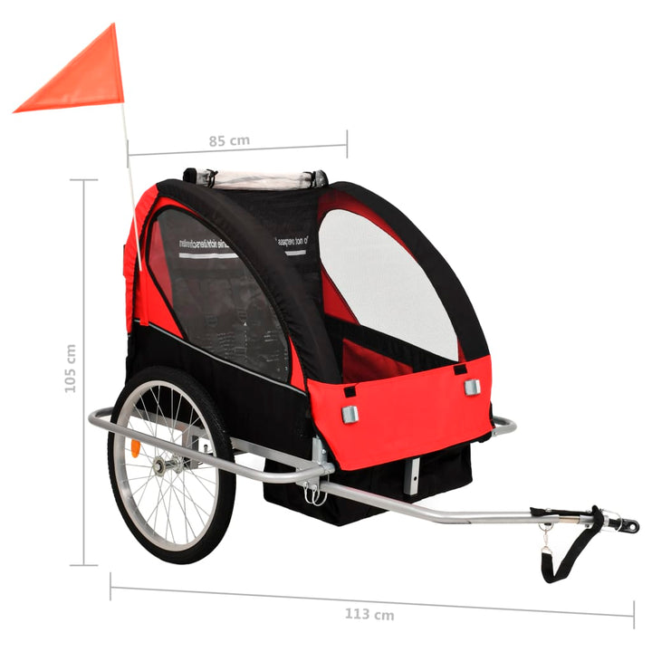 2-in-1 Kids' Bicycle Trailer & Stroller Black and Red-vidaXL-Red-n/a-Yes Bebe